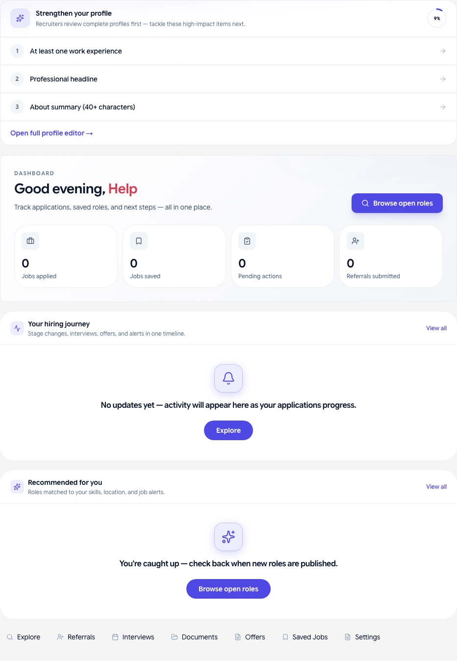 Careers portal candidate dashboard